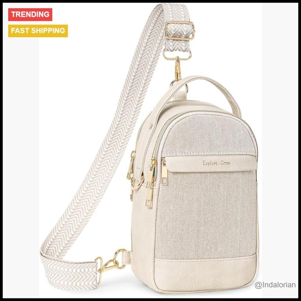 Compact Sling Bag Crossbody Pack Canvas PU Leather 7 Pockets Travel Essential